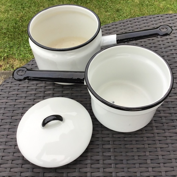 Vintage Double Boiler Enamelware White Black 3 Piece Set Pots & Lid - Picture 11 of 13